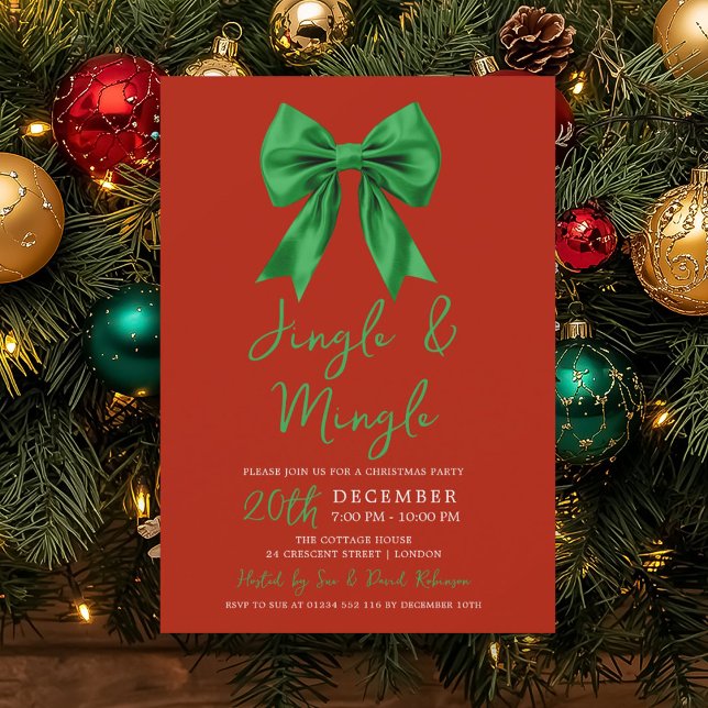 Convite Arco de Natal Jingle & Mingle Verde Vermelho (Green Jingle & Mingle Christmas Party Bow Red Invitation)