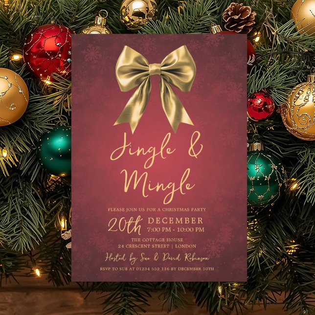 Convite Arco de Natal Vermelho Dourado Jingle & Mingle Fes (Gold Red Jingle & Mingle Christmas Party Bow Snow Invitation)