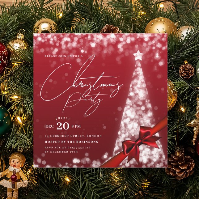 Convite Arco de Natal Vermelho Prateado Moderno para Árvor (MODERN Silver Red Winter Christmas Tree Bow Party Invitation)