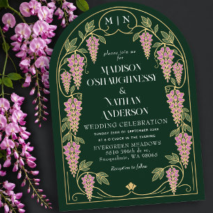 Convite Arco de Noiva Art Nouveau Dourado com Wisteria Ros