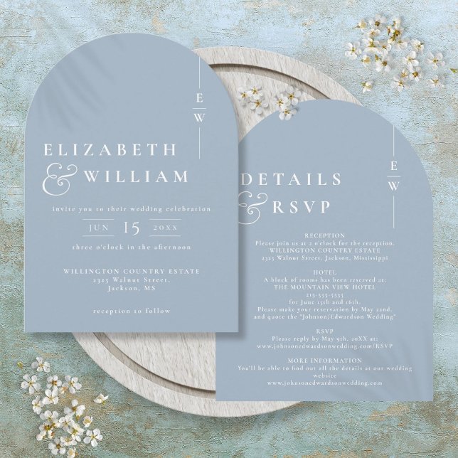 Convite Arco de Noiva com Monograma Moderno Azul Poeira Tu (Dusty Blue All In One Modern Monogram Wedding Arch Invitation)