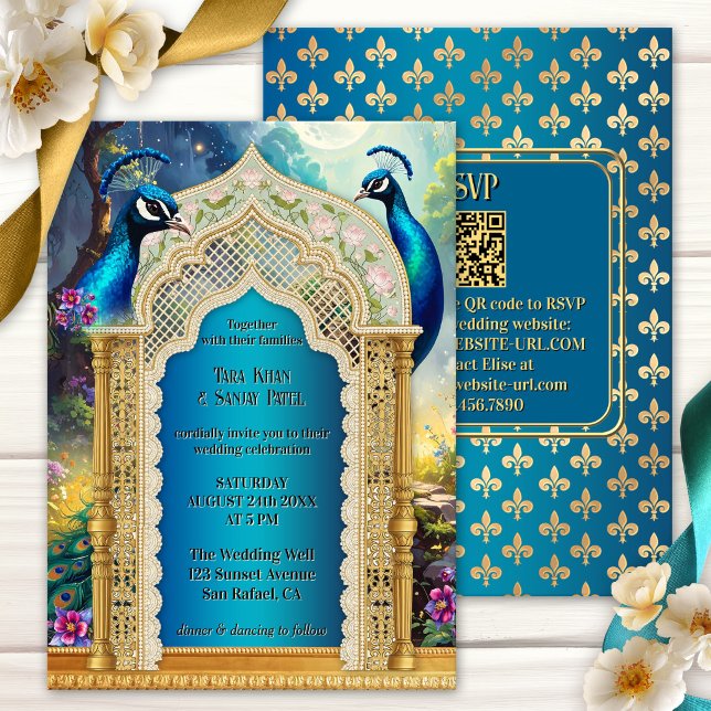 Convite Arco de Noiva Dourado com Pavão Indiano (Indian wedding invitation featuring a magical garden with peacocks on an archway and fleur-de-lis)