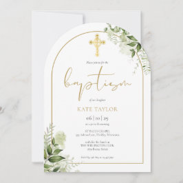 Convite Arco de Ouro Elegante Folhagem Floral Batismo