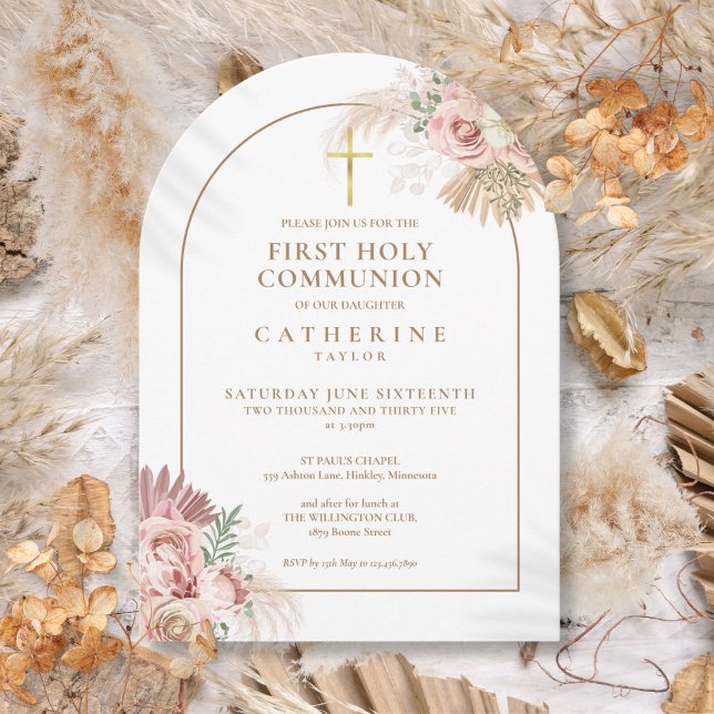 Convite Arco de Ouro Grama das Pampas Floral Primeira Comu (Gold Arch Pampas Grass Floral First Holy Communion Invitation)