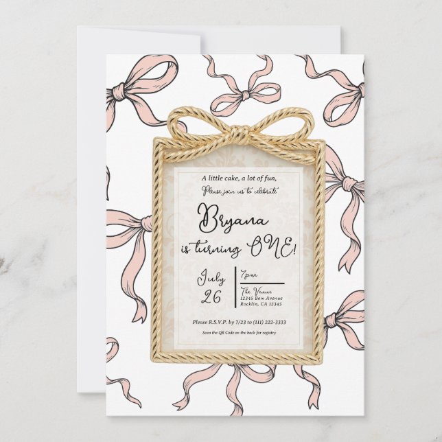 Convite Arco de Ouro Moldura Arco de Fita Rosa 1º Aniversá (Frente)