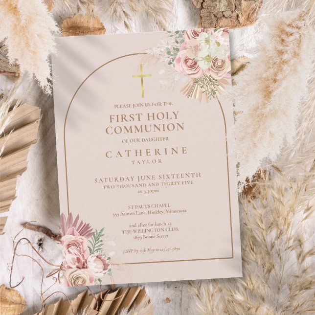 Convite Arco de Ouro Rosa Grama das Pampas Primeira Comunh (Pink Gold Arch Pampas Grass First Holy Communion Invitation)