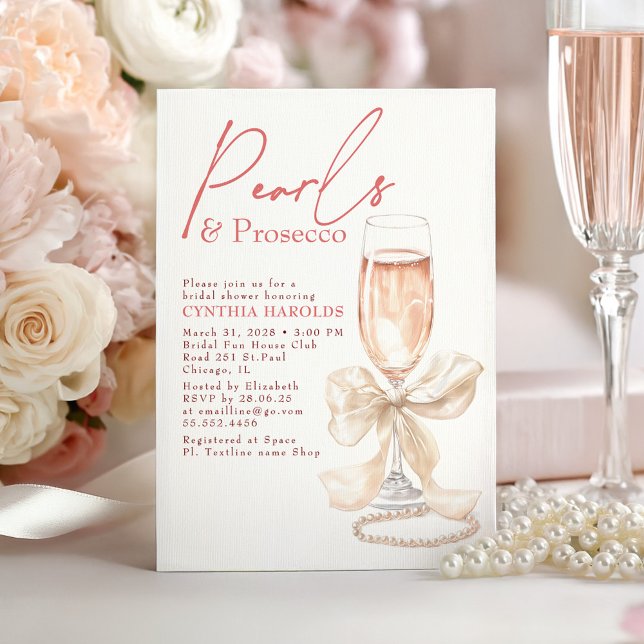 Convite Arco de Pérolas Brancas & Prosecco Rosé Chá de Noi (Creamy White and Blush Bow Pearls and Prosecco Bridal Shower Invitation)