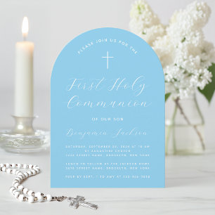 Convite Arco de Primeira Comunhão Azul Simples Cruz Escrit