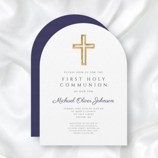Convite Arco de Primeira Comunhão Naval Azul Religioso par (Religious Navy Blue Boy First Communion Arch Invitation)