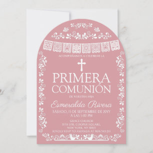 Convite Arco de Primera Comunión Rosa Bege Papel Picado