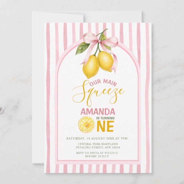 Convite Arco de Rosa Doce Limão de um aniversário Main Squ (Frente)