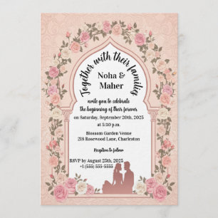 Convite Arco de Rosa Rosa Bege Foto Casamento Elegante 