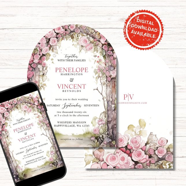 Convite Arco de Rosa Vintage | Casamento de Monograma (Criador carregado)