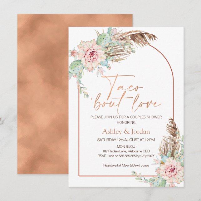 Convite Arco de Rose Gold Taco 'bout Amor Boho Casais Chuv (Frente/Verso)