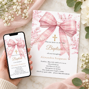 Convite Arco de tartan floral rosa menina Batismo