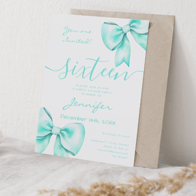 Convite Arco de Teal Coquette Turquoise Doce 16 Aniversári (Coquette Turquoise Teal Bow Sweet 16 Birthday Invitation)