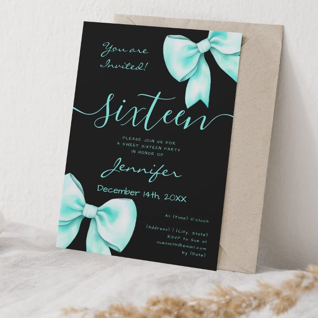 Convite Arco de Téal de Turquoise Coquette Sweet 16 Party  (Coquette Turquoise Teal Bow Sweet 16 Party Black Invitation)
