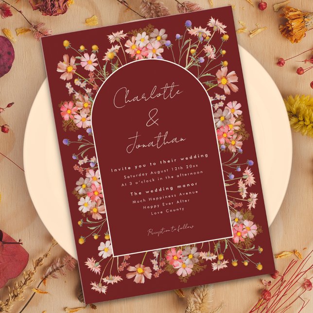 Convite Arco de Terracota com Flores Silvestres para Casam (Boho floral arch burgundy burnt orange fall wedding invitation )