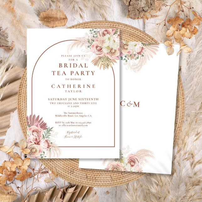 Convite Arco de Terracota com Grama das Pampas para Chá de (Pampas Grass Terracotta Arch Bridal Tea Party Invitation)