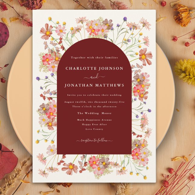 Convite Arco de Terracota de Flor Silvestre Boho para Casa (Terracotta burnt orange coral boho wildflower fall wedding invitation )