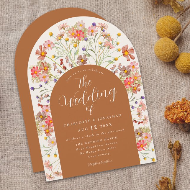 Convite Arco de Terracota de Flores Silvestres de Outono B (watercolor floral rustic boho fall wedding invitation whimsical wildflower arch autumn fall colors)
