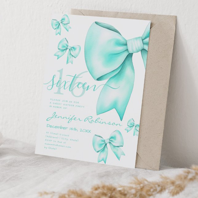 Convite Arco de Turquesa de Coquetes Cute Sweet 16 (Cute Coquette Turquoise Bow Sweet 16 Invitation)