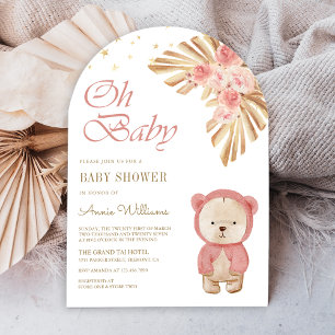 Convite Arco de Urso Teddy de Pampas Florais Rosa para Chá