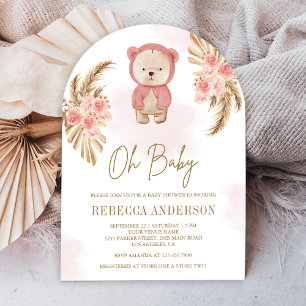 Convite Arco de Urso Teddy de Pampas Florais Rosa para Chá