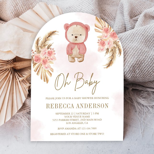 Convite Arco de Urso Teddy de Pampas Florais Rosa para Chá (Criador carregado)