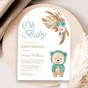Convite Arco de Urso Teddy de Pampas Floral Verde para Chá