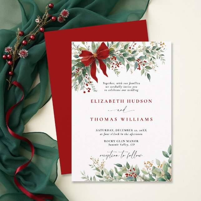 Convite Arco de Verde da Winter Natal Casamento Rústico Ve (christmas wedding invitation card template design winter greenery watercolor botanical rustic chic)