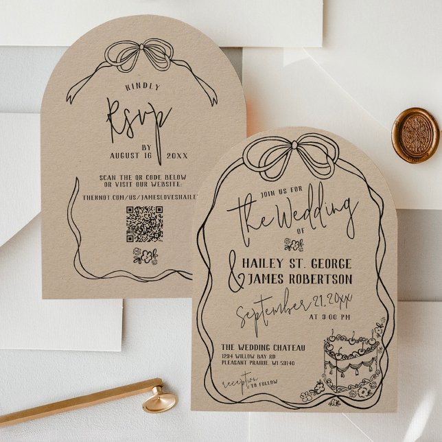 Convite Arco desenhado por mão moderna KRAFT retro casamen (Rustic kraft and black simple hand drawn whimsical quirky coquette bow frame modern wedding invite)