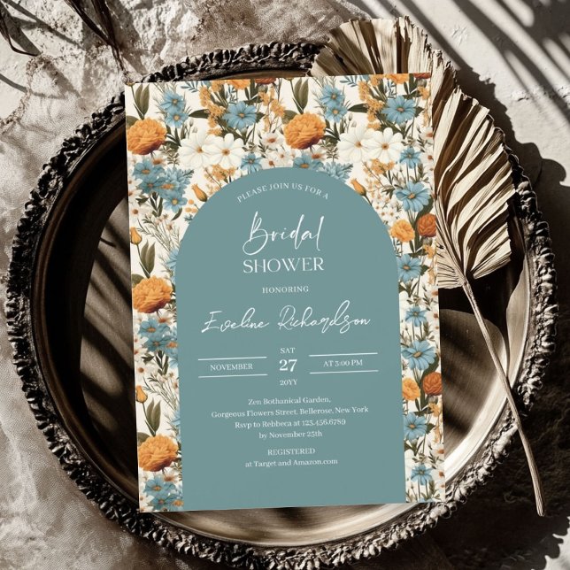 Convite Arco do boho cor d'água poeirenta laranja azul (Boho arch watercolor dusty blue orange wildflowers invitation)