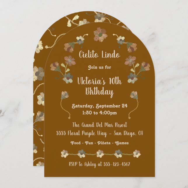 Convite Arco do bordado da Festa de aniversário Fiesta mex (Frente/Verso)