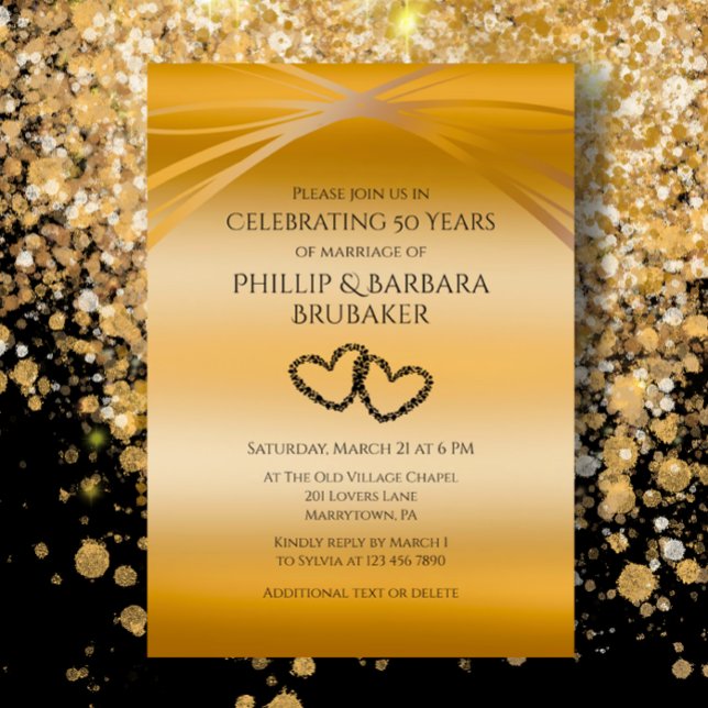 Convite Arco do Coração Original Golden de Aniversário de  (Golden Arches 50th Wedding Anniversary celebration party invitation with custom elegant black script)