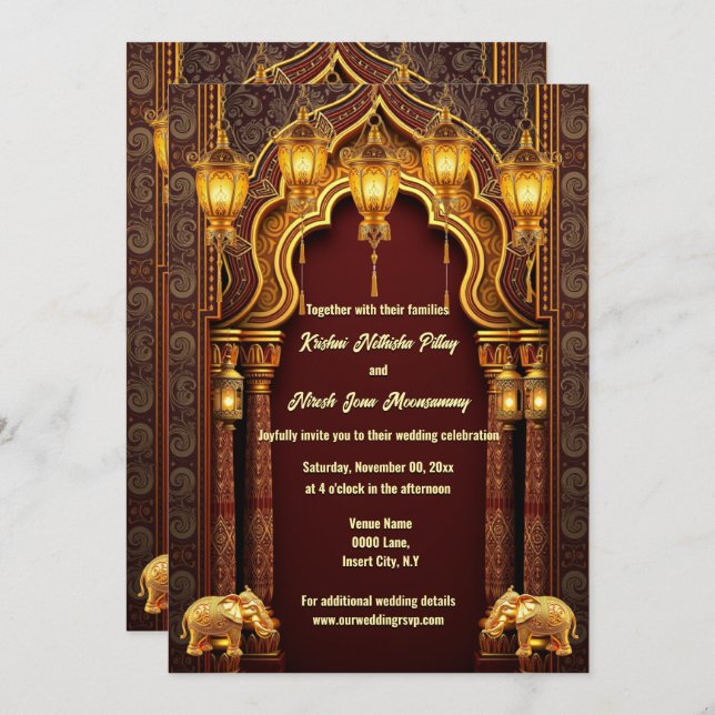 Convite Arco do templo Hindi, de elefantes índios dourados (Frente/Verso)