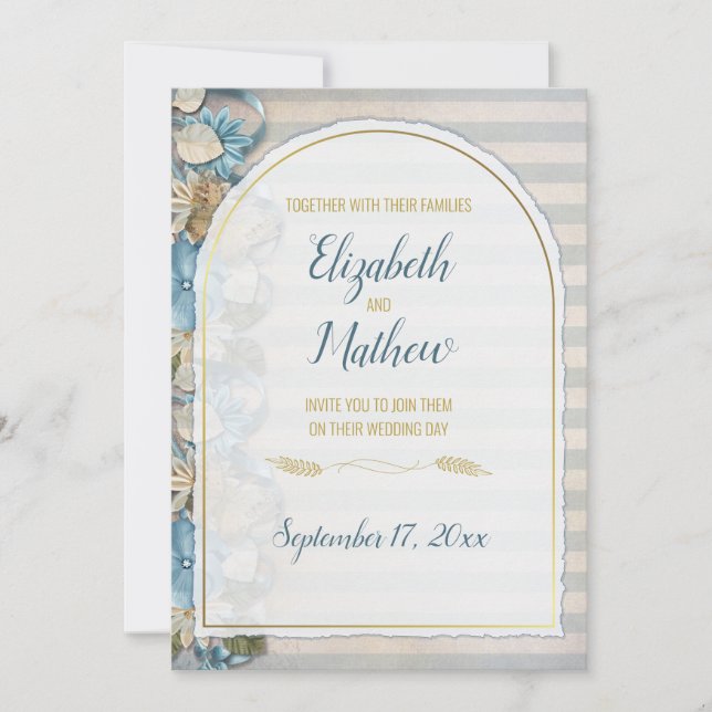 Convite Arco Dourado Boho Script Azul Chinoiserie Listra (Frente)