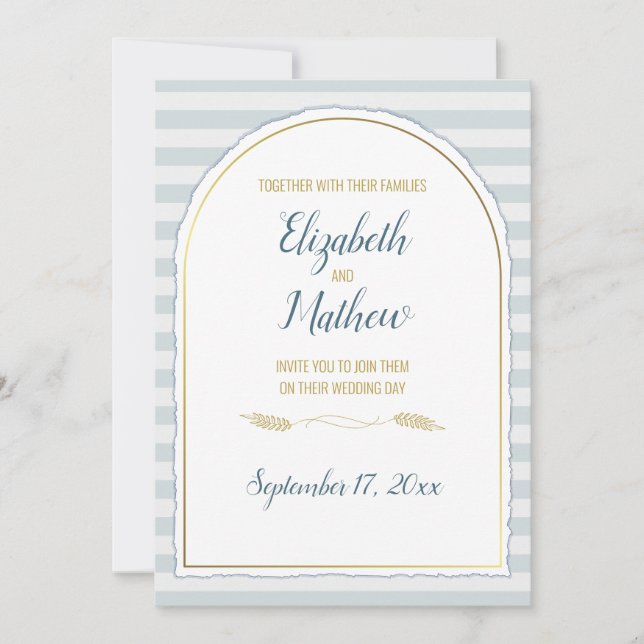 Convite Arco Dourado Boho Script Faixa Náutica Azul (Frente)