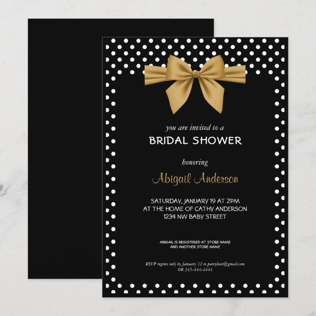 Convite Arco Dourado Chá de panela preto e branco Bolinhas (Frente/Verso)
