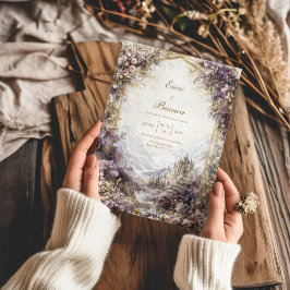 Convite Arco Dourado com Floral Rosa e Roxo em Castelo de 