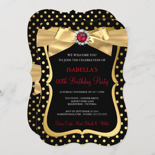 Convite Arco Dourado com pérolas vermelhas Festa de aniver (Frente/Verso)