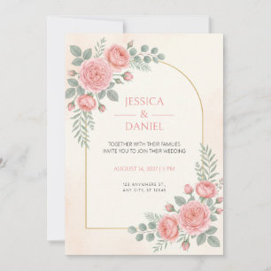 Convite Arco Dourado com Rosa Rosa em Aquarela