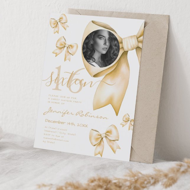 Convite ARCO Dourado Coquete FOTO-Fofo-Fofo Sweet 16 (PHOTO Cute Coquette Gold Bow Sweet 16 Invitation)