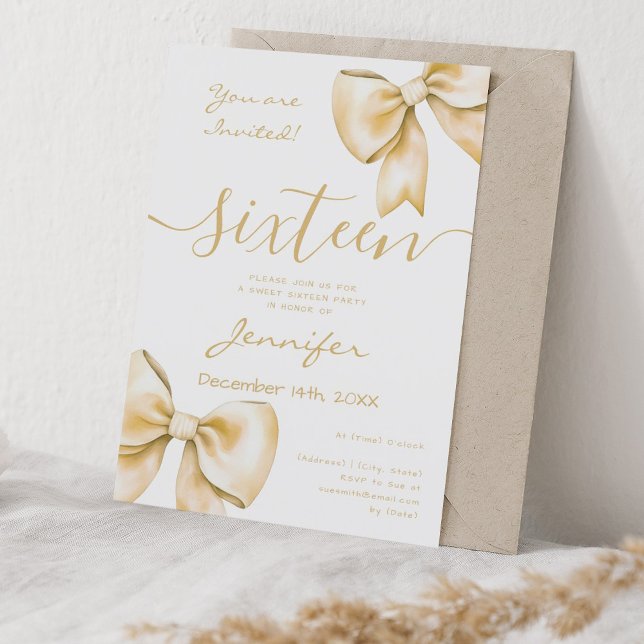 Convite Arco Dourado Coquette Doce 16 Aniversário (Coquette Gold Bow Sweet 16 Birthday Invitation)