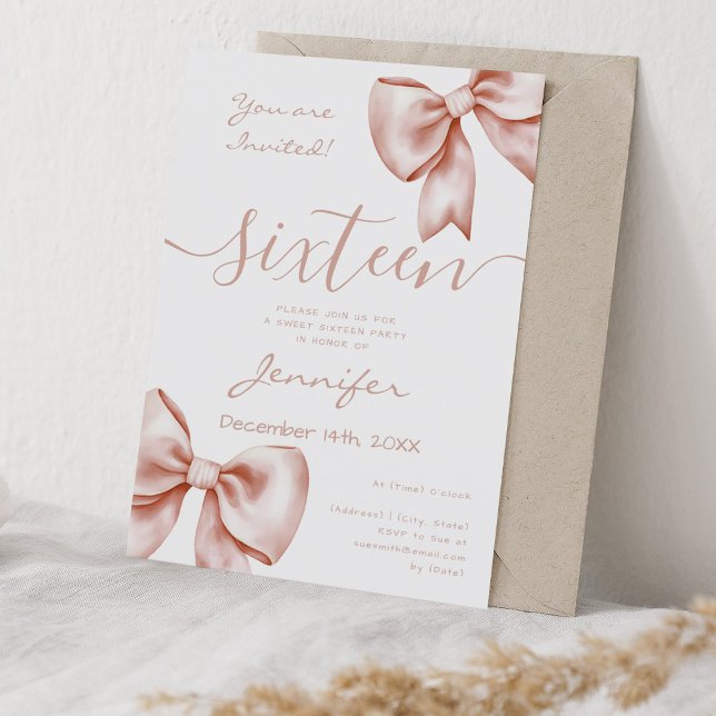 Convite Arco Dourado Coquette Doce 16 Aniversário (Coquette Rose Gold Bow Sweet 16 Birthday Invitation)