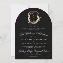 Convite Arco Dourado de Casamento Monograma Preto Formal