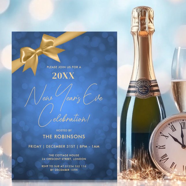 Convite Arco Dourado de Marinho de Véspera de ano novo Clá (Classy New Years Eve Party Navy Gold Bokeh Bow Invitation)