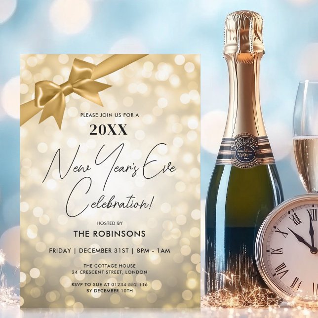 Convite Arco Dourado de Véspera de ano novo Clássica (Classy New Years Eve Party Gold Bokeh Bow Invitation)