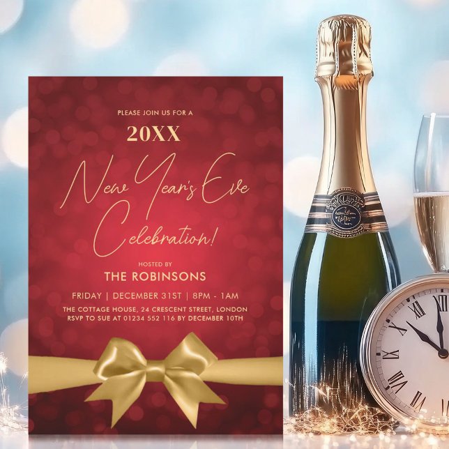 Convite ARCO Dourado do Red Bokee do Partido da Véspera de (MODERN New Years Eve Party Red Bokeh Gold Bow Invitation)