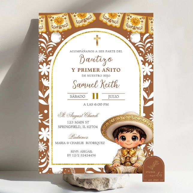 Convite Arco Dourado e Marrom Cielito Lindo Batizado (Criador carregado)